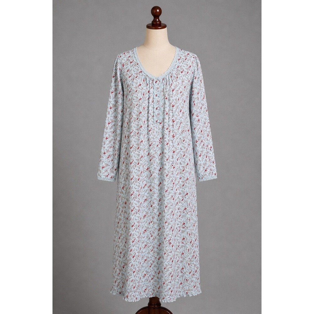 Rebecca Malone Women’s Nightgown Medium Red Robin Print Lace Button Sleepwear